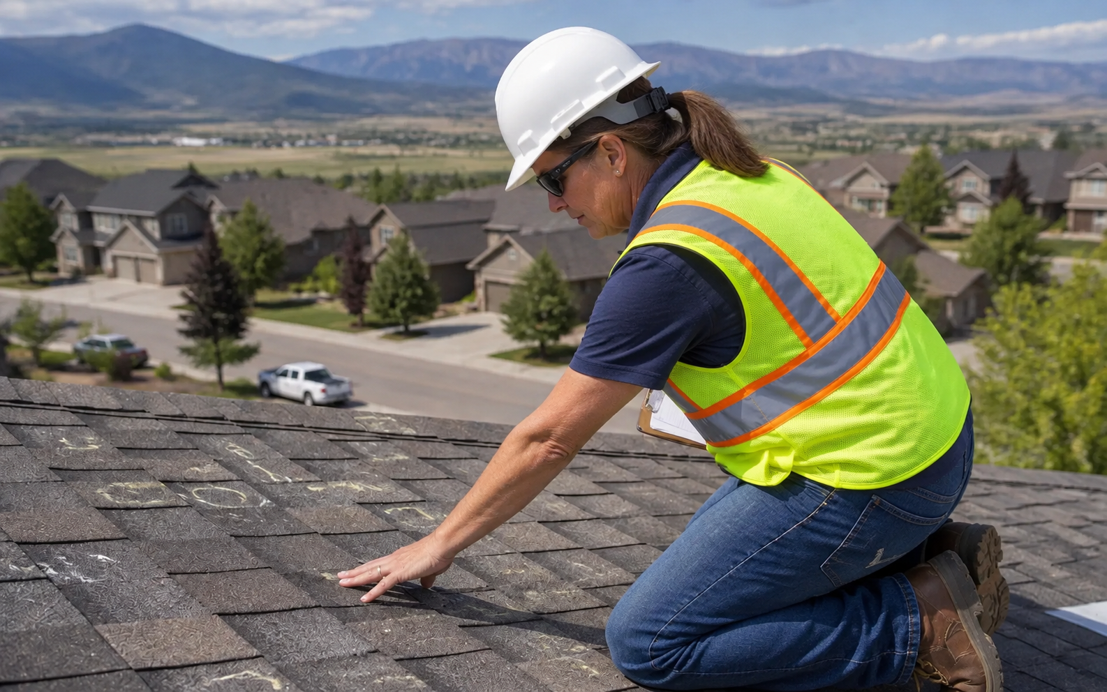 A middle-aged woman adjuster in a reflective vest inspects roof damage above a Colorado neighborhood.