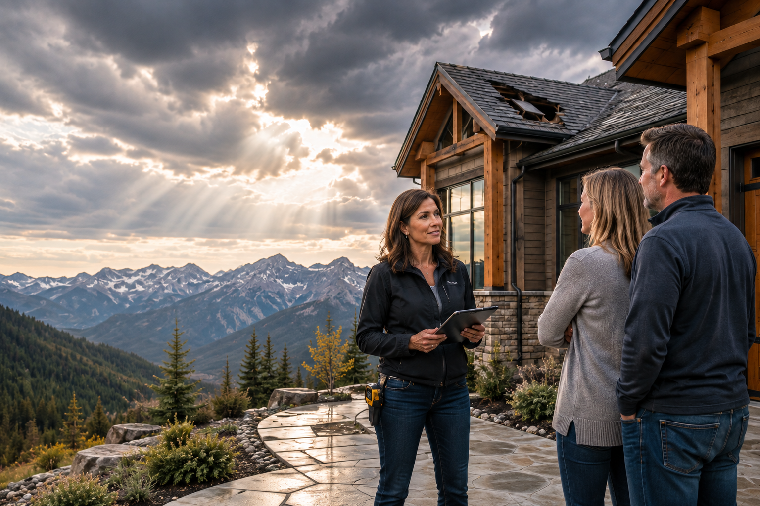 A middle-aged woman property claims consultant advises a woman and a man outside a damaged home.